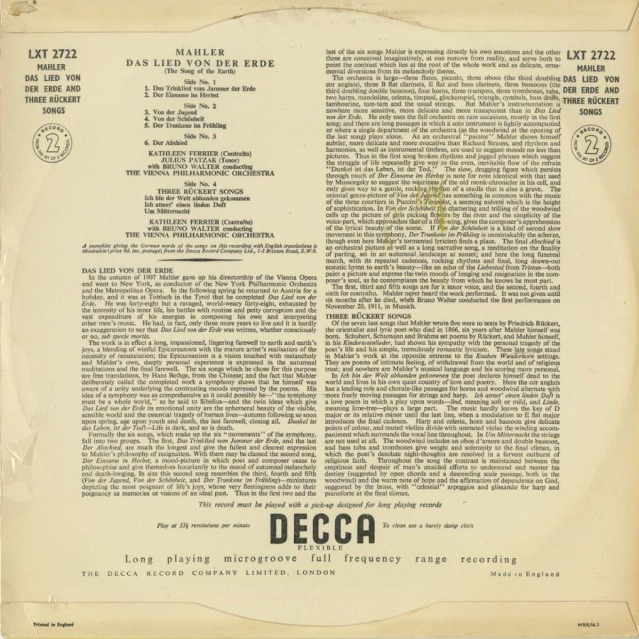 ＜中古クラシックLPレコード＞マーラー：大地の歌/Ｋ.フェリアー（ｃａ）Ｂ.ワルター指揮ウィーンｐｏ./英DECCA：LXT 2721-2 フェリアー ｃａ Ｂ ワルター指揮ウィーンｐｏ /英DECCA：LXT