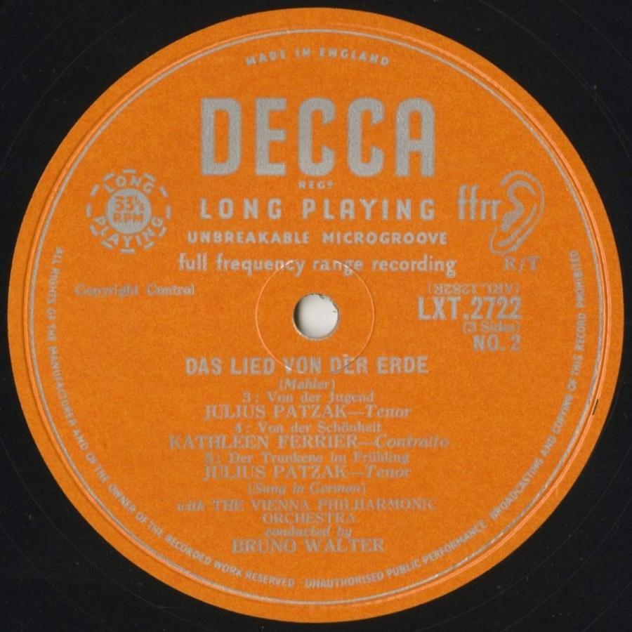 ＜中古クラシックLPレコード＞マーラー：大地の歌/Ｋ.フェリアー（ｃａ）Ｂ.ワルター指揮ウィーンｐｏ./英DECCA：LXT 2721-2 フェリアー ｃａ Ｂ ワルター指揮ウィーンｐｏ /英DECCA：LXT