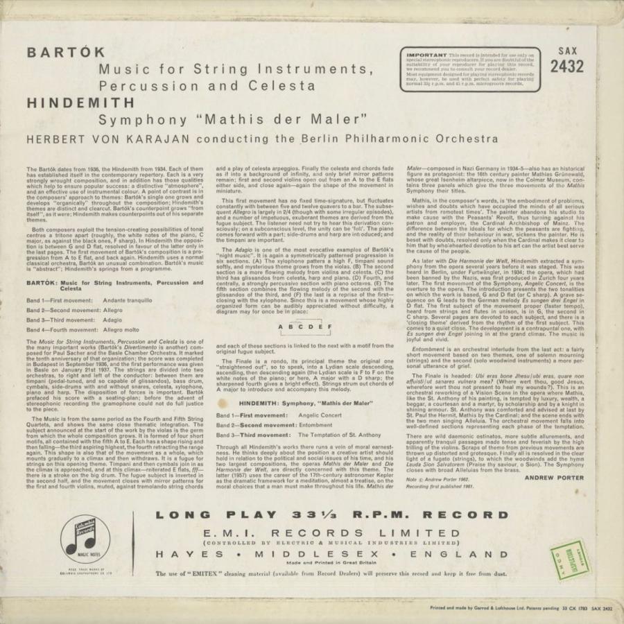 2026年 ＜中古クラシックLPレコード＞バルトーク：弦楽器，打楽器，チェレスタのための音楽，ヒンデミット：画家マチス/Ｈ.ｖ.カラヤン指揮ベルリンｐｏ./SAX 2432 【T3184622038】(19250円)