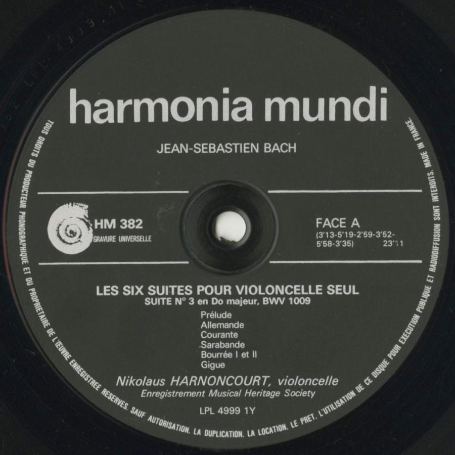 ＜中古クラシックLPレコード＞バッハ：6つの無伴奏チェロ組曲BWV.1007−1012/Ｎ.アーノンクール（ｖｃ）/仏HM：HM 381-3 1007−1012/Ｎ アーノンクール ｖｃ /仏HM：HM