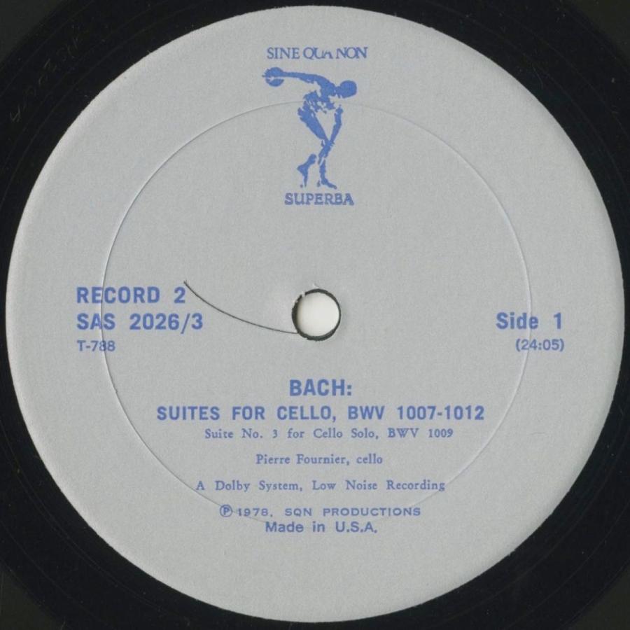 ＜中古クラシックLPレコード＞バッハ：6つの無伴奏チェロ組曲BWV.1007〜1012/Ｐ.フルニエ（ｖｃ）/米SINE QUA NON SUPERBA：SAS 2026_3