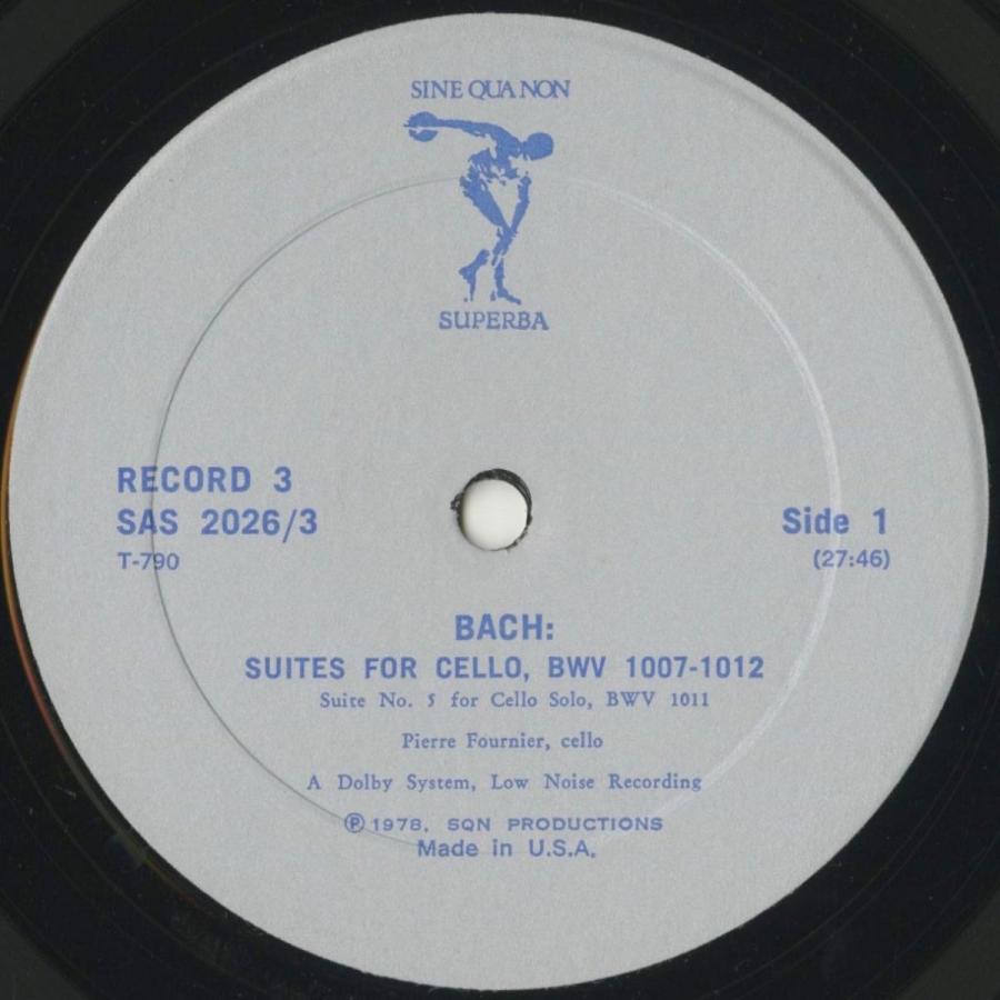 ＜中古クラシックLPレコード＞バッハ：6つの無伴奏チェロ組曲BWV.1007〜1012/Ｐ.フルニエ（ｖｃ）/米SINE QUA NON SUPERBA：SAS 2026_4