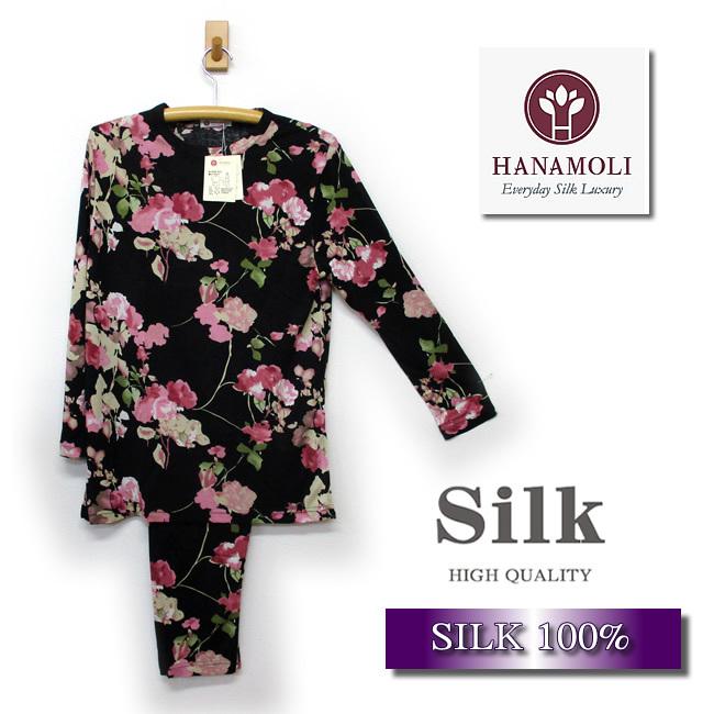 HANAMOLIのシルク100％パジャマ シルク 丸首パジャマ シックブラック(ポーチは付いてません)47％OFF｜silk-health｜04