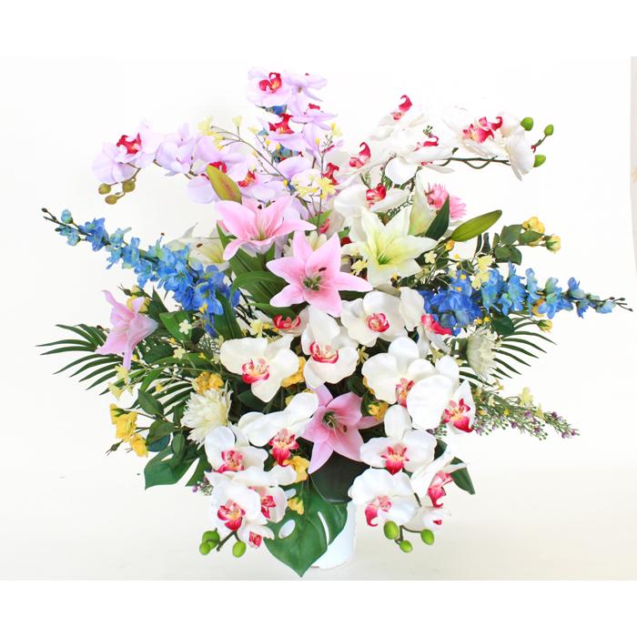 胡蝶蘭とデルフィニウムの華やかなアレンジ 造花 スタンド付 ym2 CT