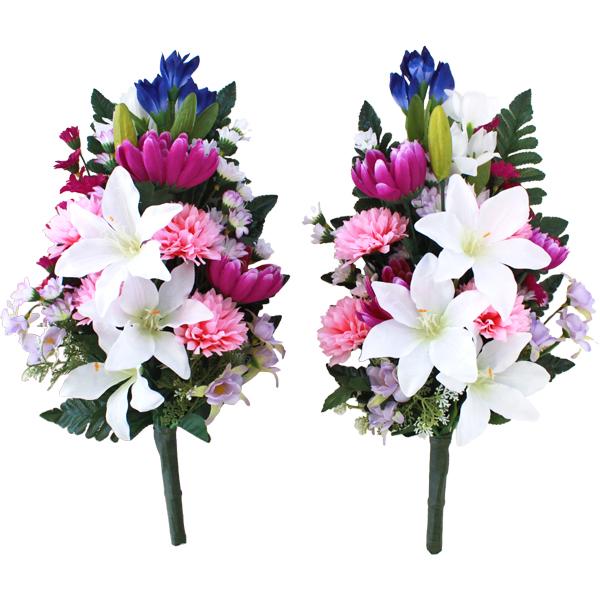 仏花 造花 ユリとりんどうと小菊の花束一対 お仏壇 お墓用 CT触媒 お盆
