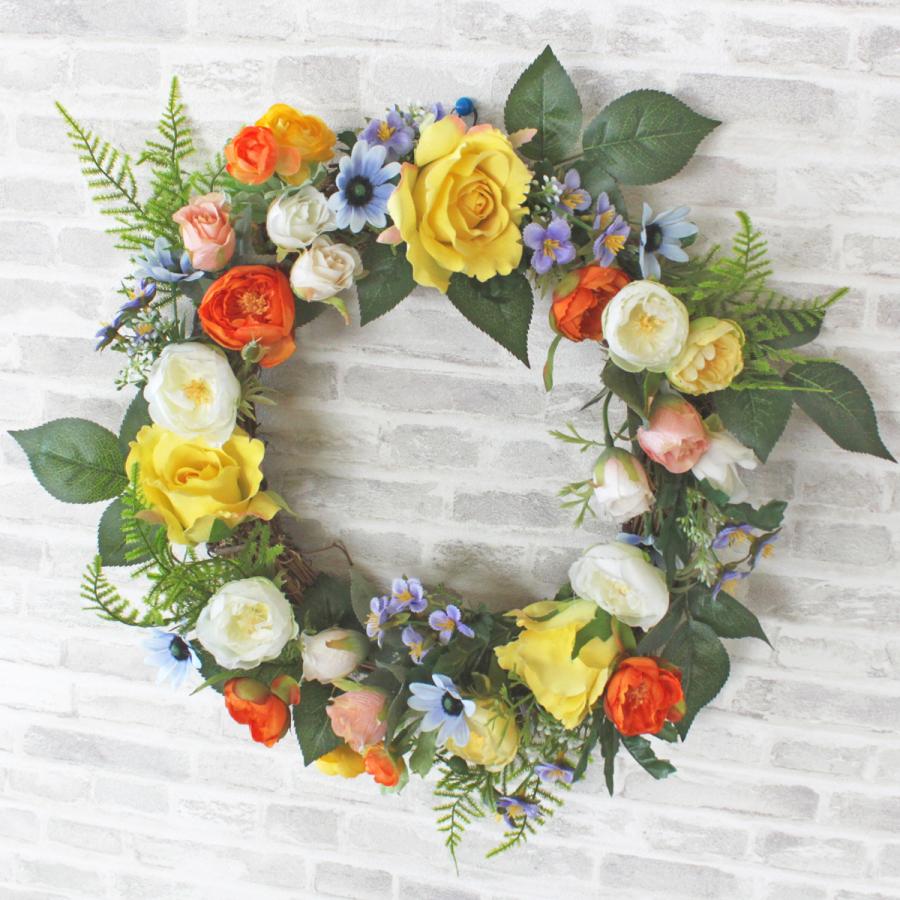 造花 バラ ラナンキュラスやローズの柔らかな色合いの上品なリース