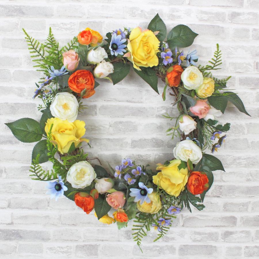 造花 バラ ラナンキュラスやローズの柔らかな色合いの上品なリース