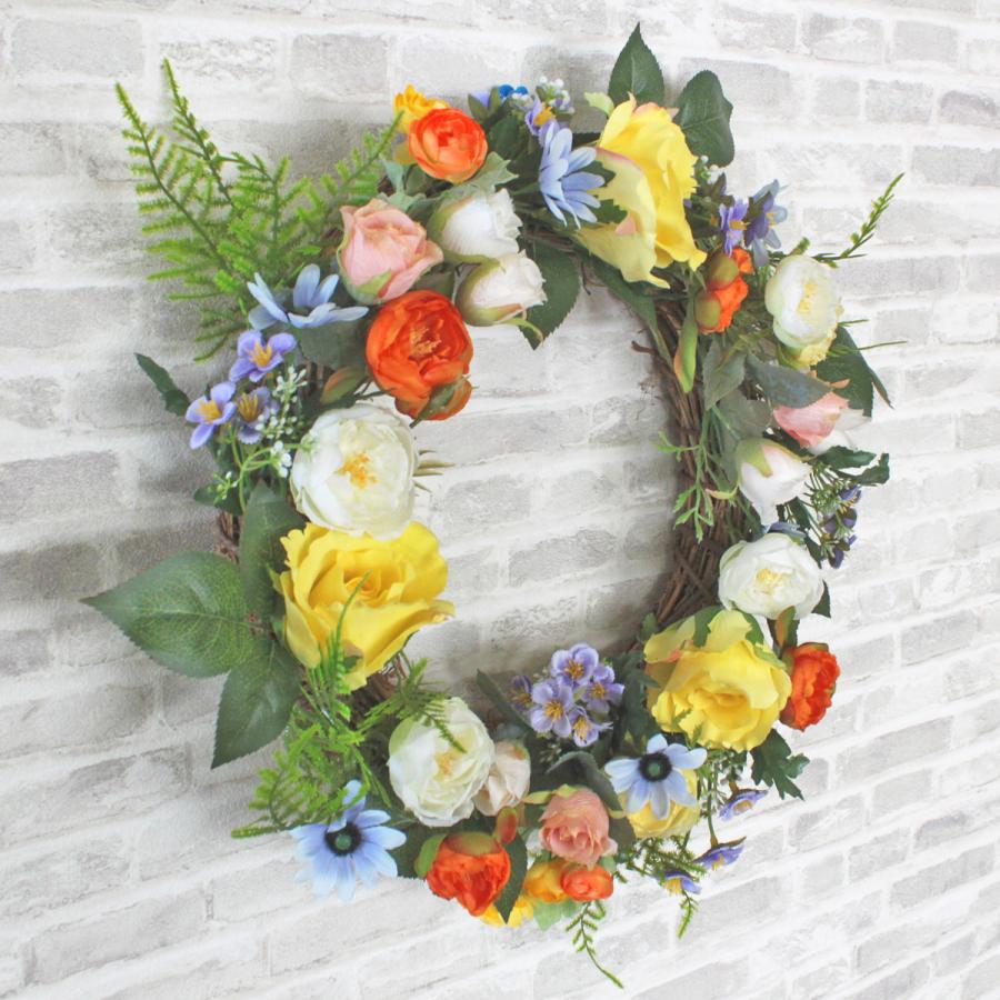 造花 バラ ラナンキュラスやローズの柔らかな色合いの上品なリース