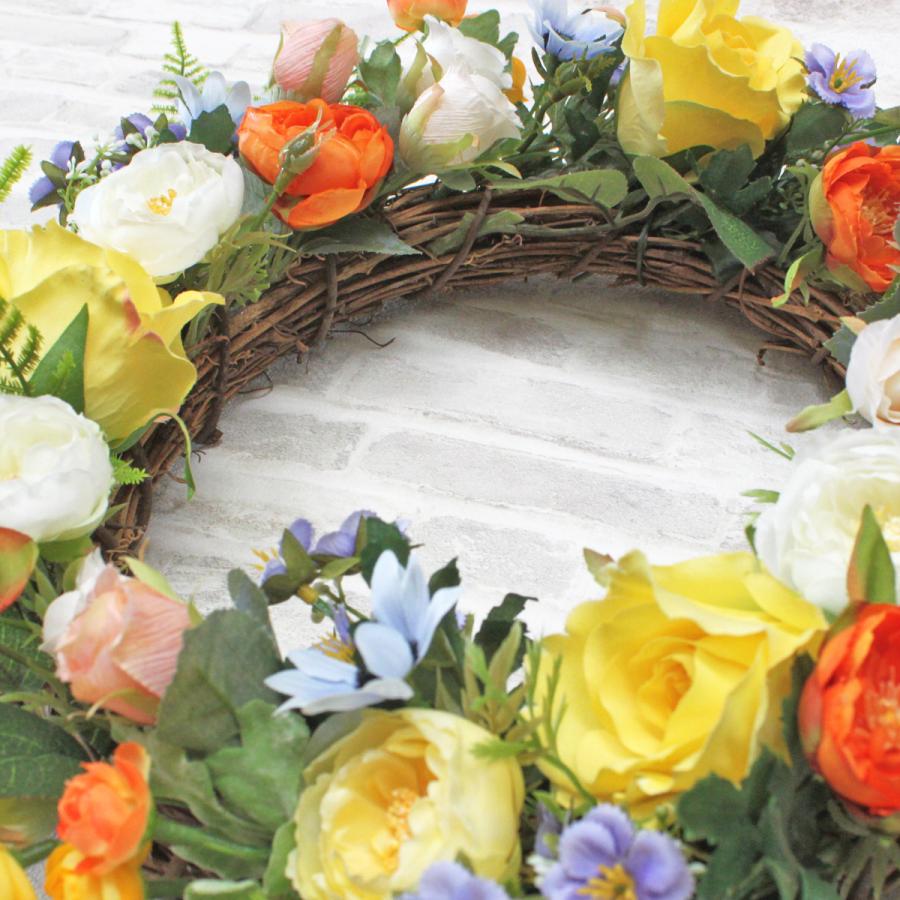 造花 バラ ラナンキュラスやローズの柔らかな色合いの上品なリース