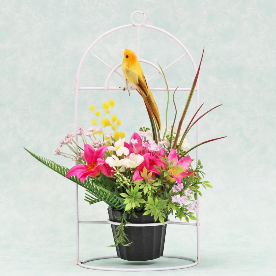 造花 鳥かごモチーフの春のアレンジ CT触媒 シルクフラワー インテリア