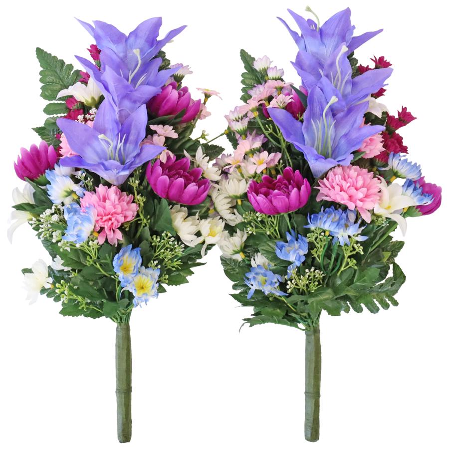ユリと菊のお供え仏花、お盆花アレンジメント ユリ 菊 カーネーション 造花 2束】 固定具付き 造花 仏花 お墓用 お