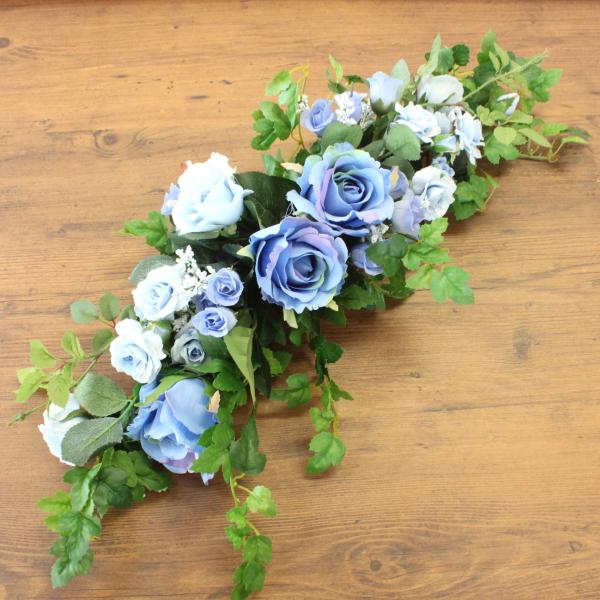 造花 横長の青いバラのスワッグ シルクフラワー 青い薔薇 壁掛け CT