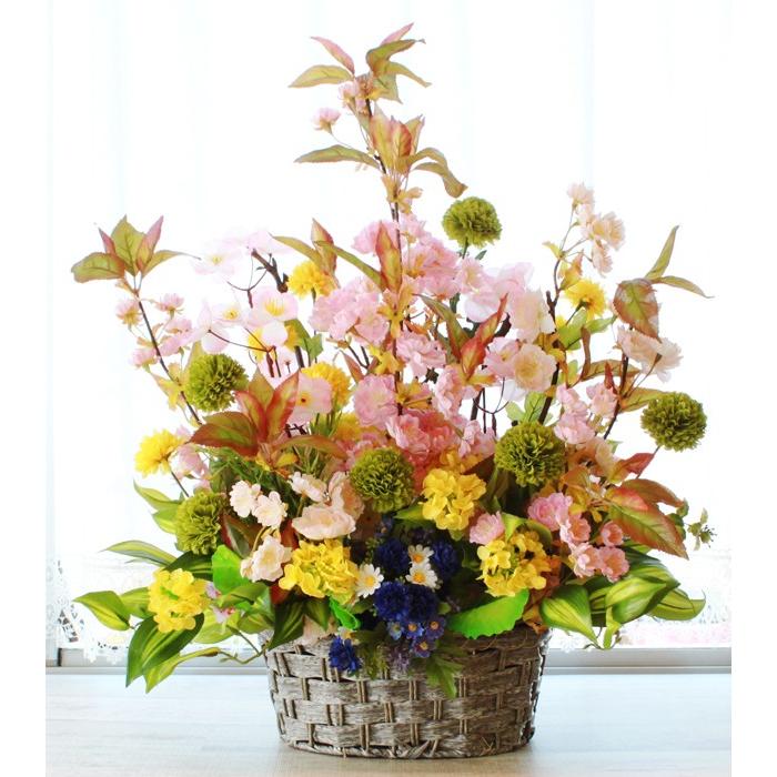 造花 桜と菜の花とポンポンマムの豪華な春のアレンジ CT触媒 シルクフラワー インテリア フラワーアレンジ フラワーアレンジメント arg