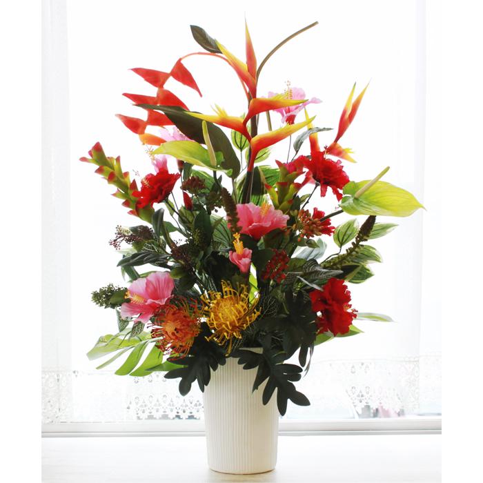 造花 ヘリコニアとピンクッションの夏の力強さを感じるアレンジ