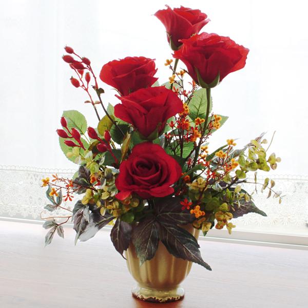造花 ローズヒップと真っ赤なローズのアレンジ シルクフラワー CT触媒 arg