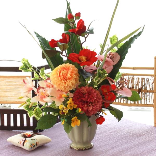 8580円 激安人気新品 造花 インテリア 大きなダリアと椿の豪華なお正月アレンジ 玄関飾り シルクフラワー お正月飾り 正月飾り お正月 22 Ct触媒