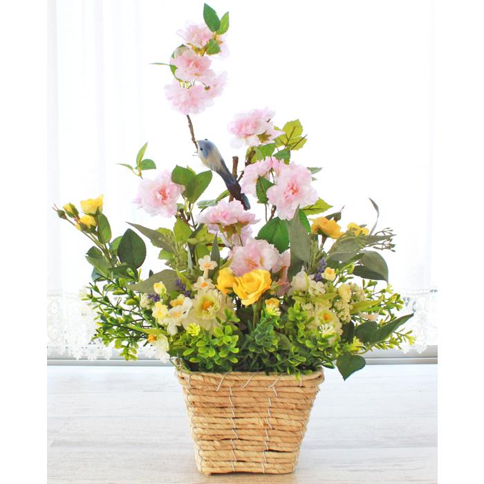 造花 八重桜に小鳥が遊ぶ自然のイメージのアレンジ CT触媒 シルク