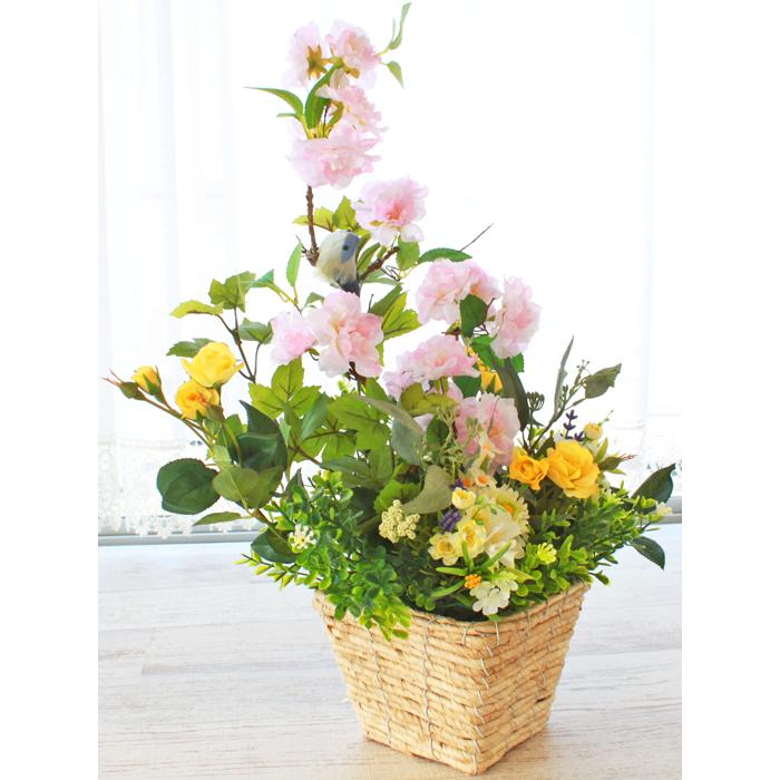 造花 八重桜に小鳥が遊ぶ自然のイメージのアレンジ CT触媒 シルク