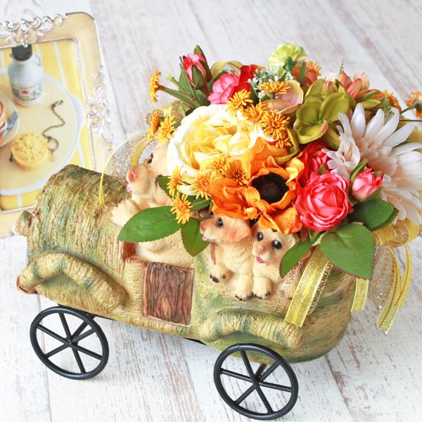 造花 ドッグプランターに入ったカラフルなアレンジ CT触媒 シルクフラワー arg