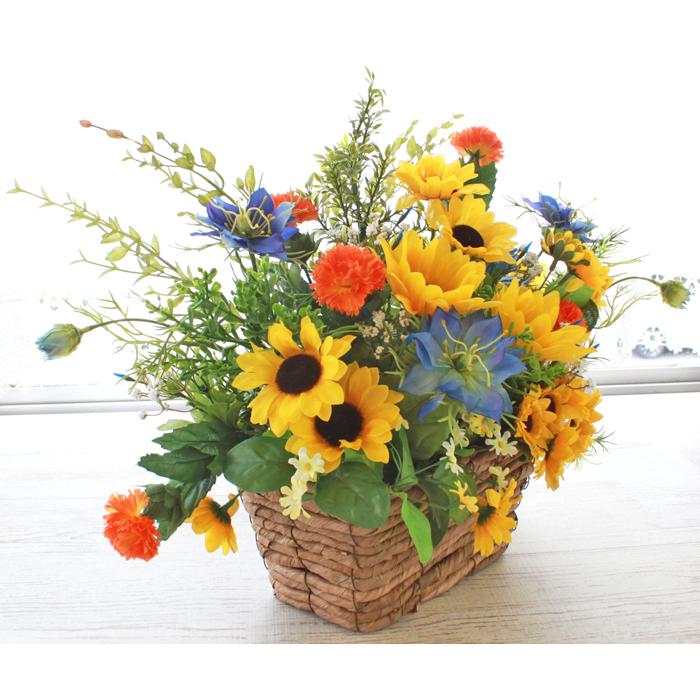 造花 ひまわりとニゲラのかごアレンジ シルクフラワー ヒマワリ 向日葵