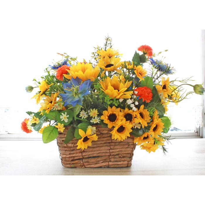 造花 ひまわりとニゲラのかごアレンジ シルクフラワー ヒマワリ 向日葵