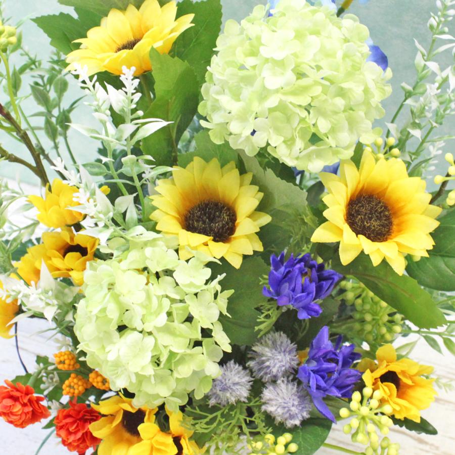 造花 ひまわりとスノーボールの爽やかな夏のアレンジ シルクフラワー