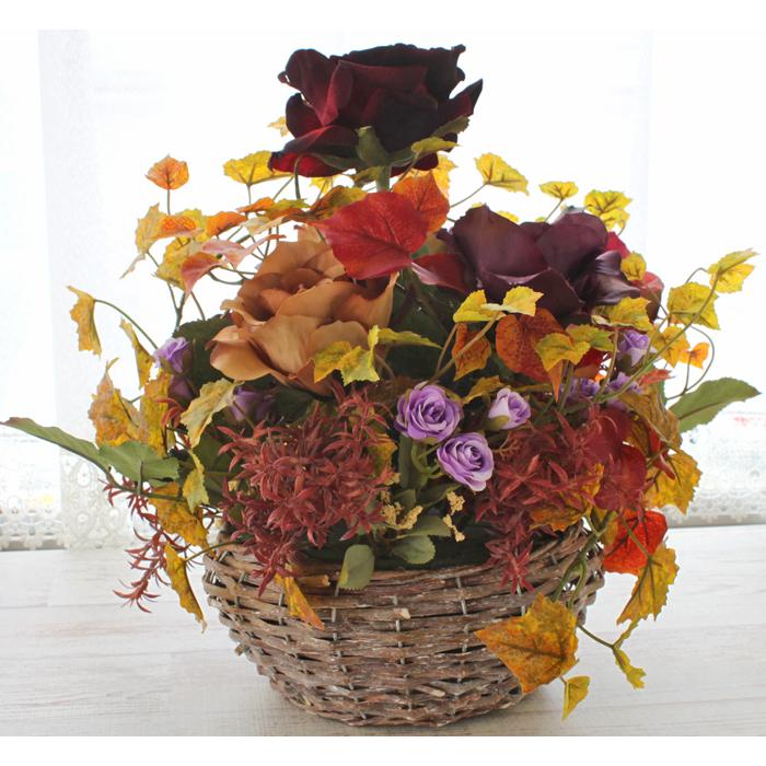 造花 シックなジャンボローズのオールラウンド型アレンジ 秋のアレンジ