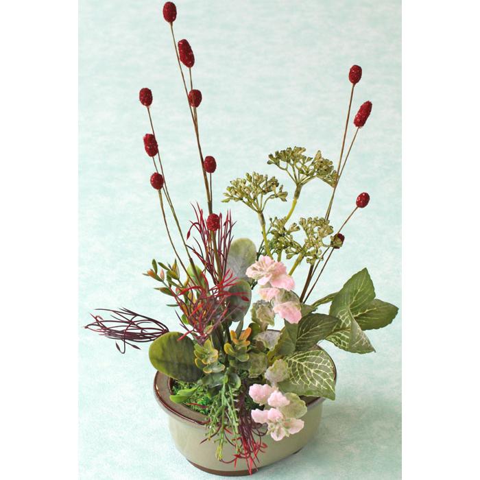 造花 インテリア ワレモコウとミックスリーフの鉢植えアレンジ
