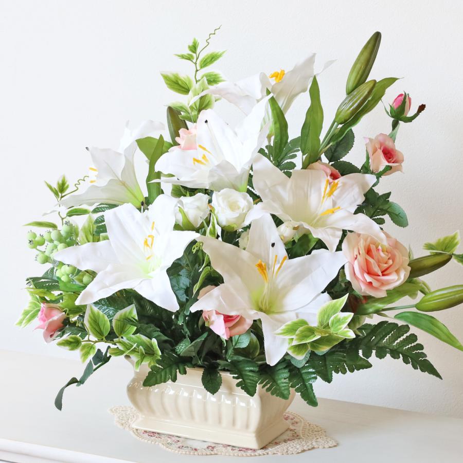 造花 インテリア 大きなユリとローズの横長アレンジ バラ お祝い 贈答