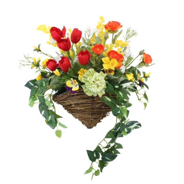 造花 ミモザやチューリップの春の壁掛けのアレンジ シルクフラワー CT