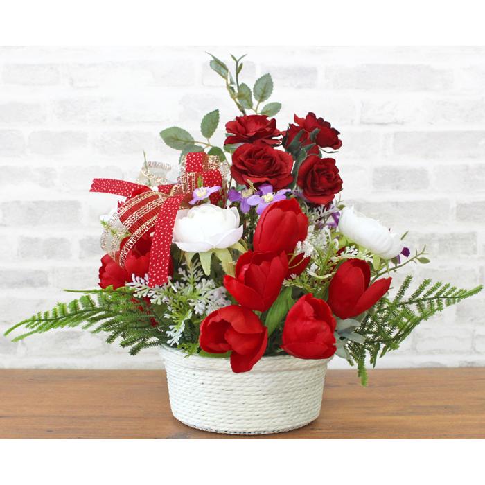 造花 赤いバラとチューリップのアレンジ 風水 東 ローズ シルク