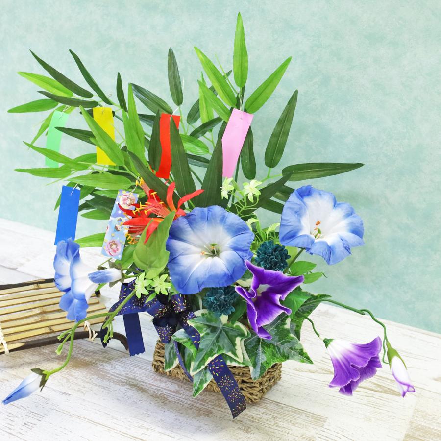 七夕と朝顔 インテリア シーグラス 玄関飾り 置物 雑貨 レトロ アジアン 水彩 造花 笹と朝顔の短冊付き壁掛けアレンジ シルクフラワー フェイク CT