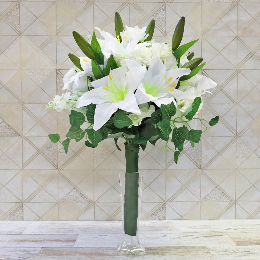 造花 カサブランカに合わせた白の花々のドーム型花束 シルクフラワー