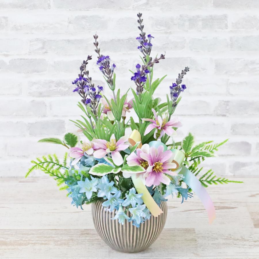 造花 ラベンダーとシックなダリアの涼しげな和風アレンジ 夏のアレンジ