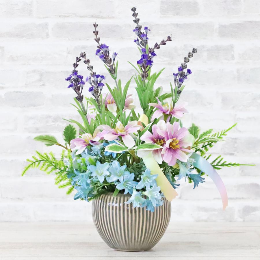 造花 ラベンダーとシックなダリアの涼しげな和風アレンジ 夏のアレンジ