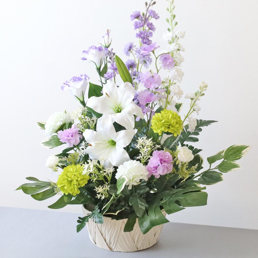 仏花 造花 藤色トルコキキョウと上品なカサブランカのお供えアレンジ