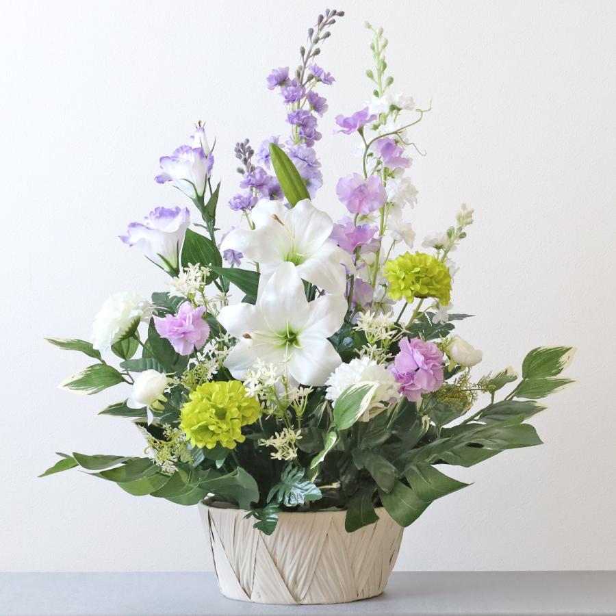 仏花 造花 藤色トルコキキョウと上品なカサブランカのお供えアレンジ