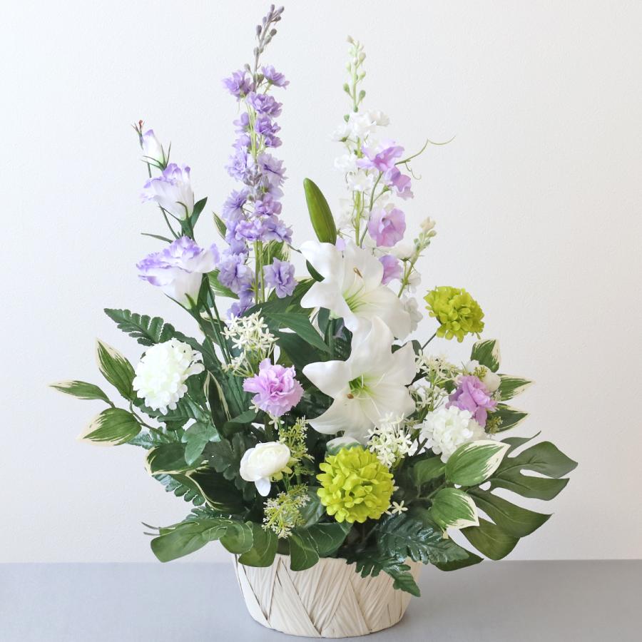 仏花 造花 藤色トルコキキョウと上品なカサブランカのお供えアレンジ