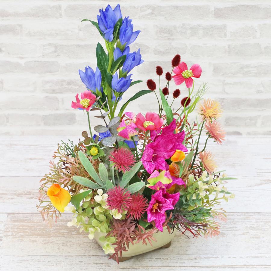 造花 りんどうとコスモスなど秋の花いっぱいな和風アレンジ 秋の