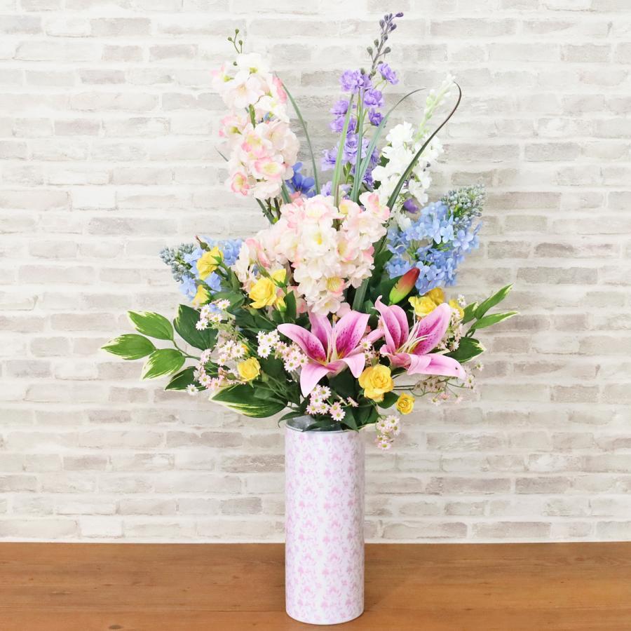 造花 デルフィニウムと桜の花束アレンジ 花器付き シルクフラワー CT