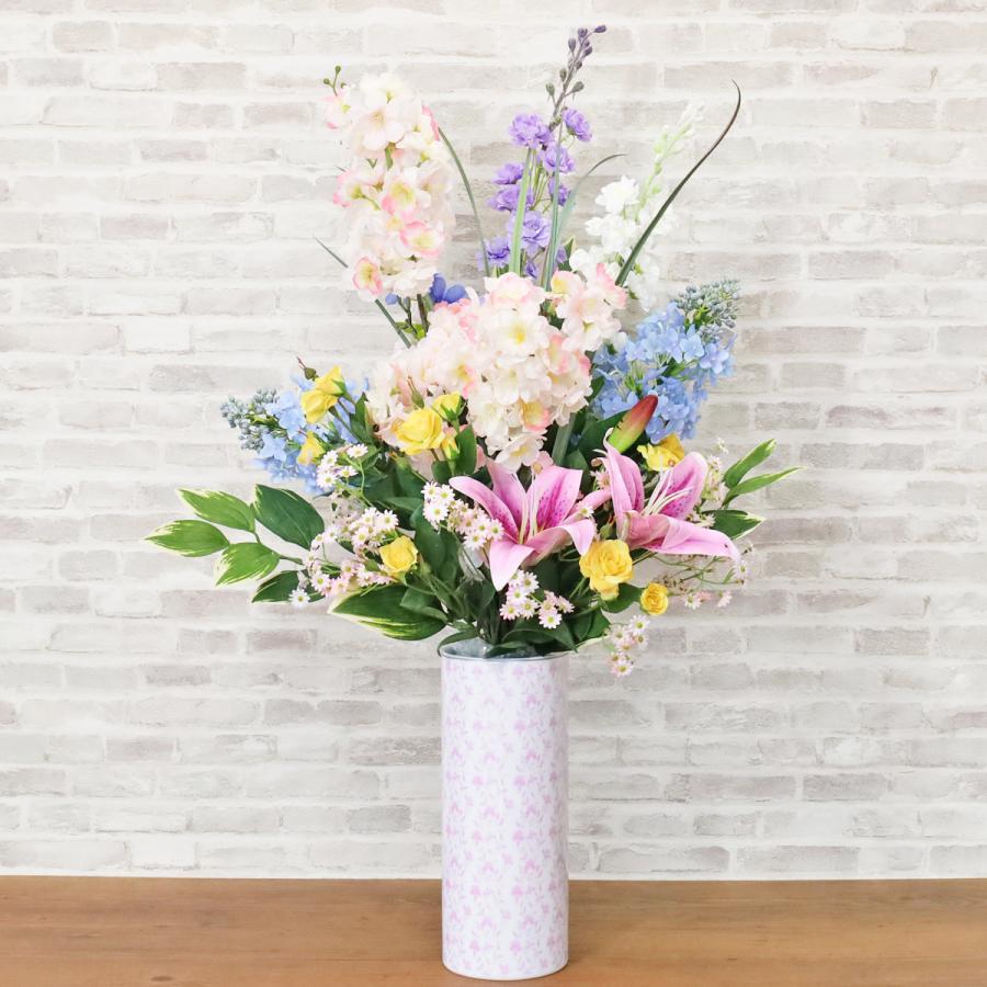 造花 デルフィニウムと桜の花束アレンジ 花器付き シルクフラワー CT