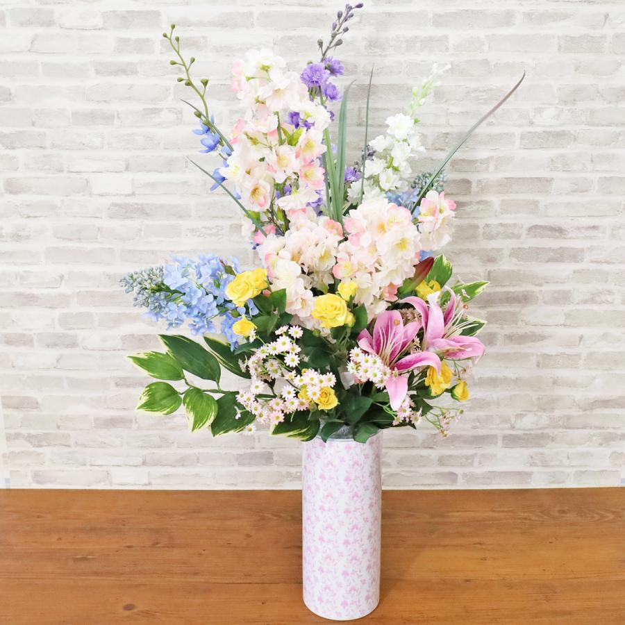 造花 デルフィニウムと桜の花束アレンジ 花器付き シルクフラワー CT