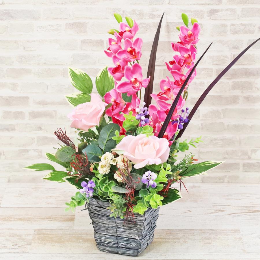 造花 シンビジュームとピンクローズのかごアレンジ シルクフラワー CT