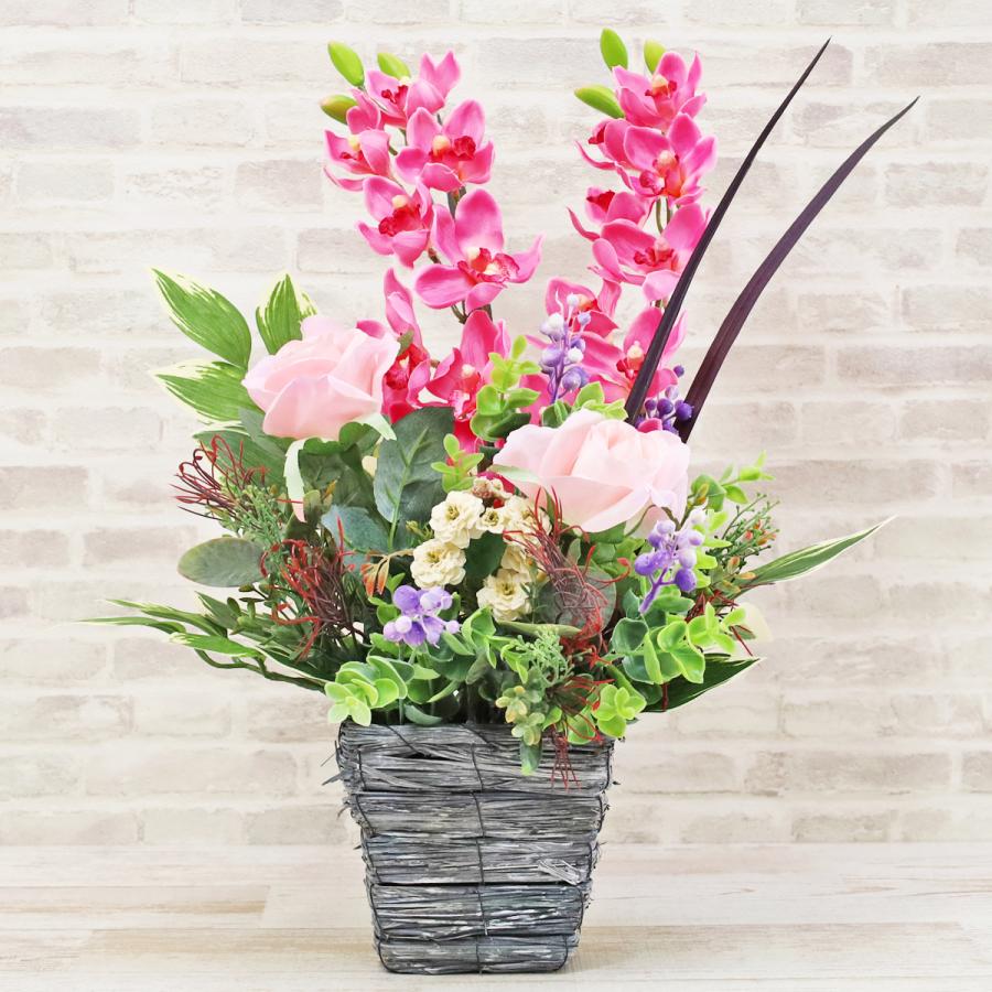 造花 シンビジュームとピンクローズのかごアレンジ シルクフラワー CT
