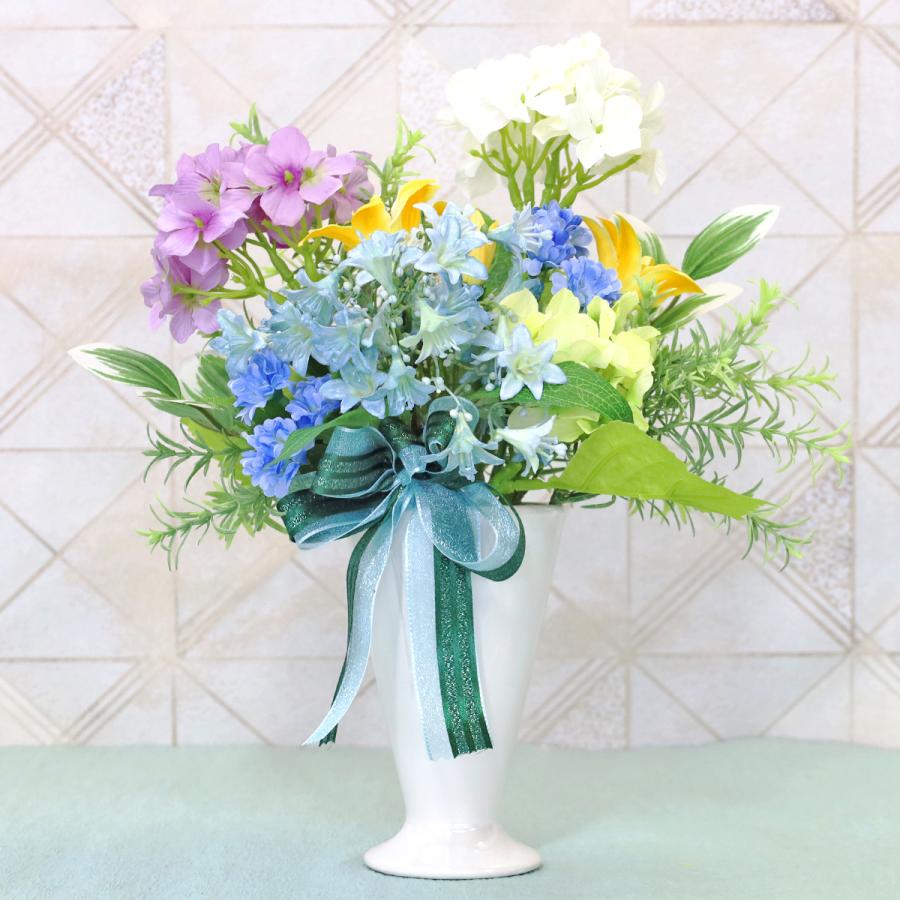 フラワーアレンジメント カラーと特大サイズの紫陽花の花 造花 あじさいとブルーの小花のパステルカラーアレンジ アジサイ