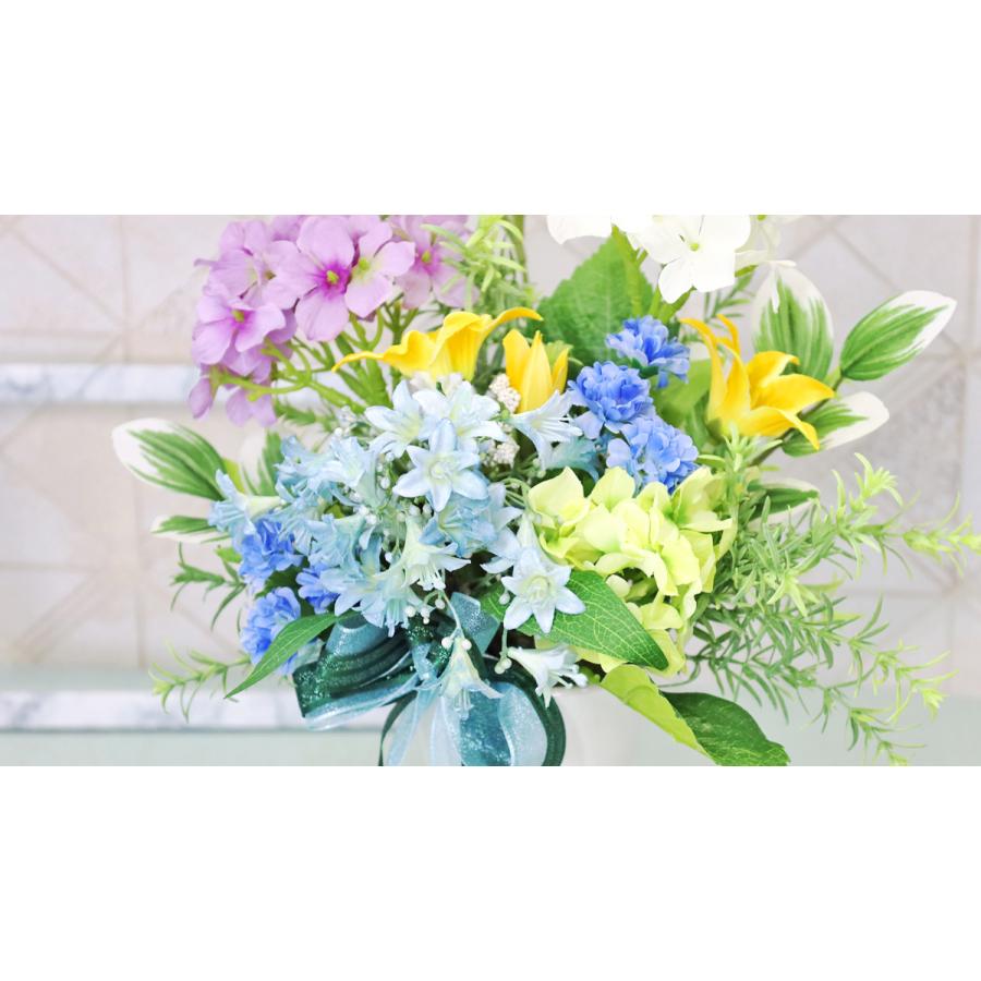 造花 あじさいとブルーの小花のパステルカラーアレンジ アジサイ