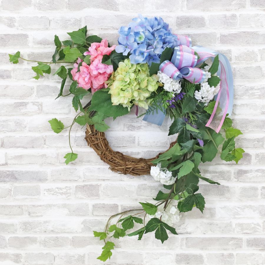 造花 3色のあじさいとコデマリのリース アジサイ 紫陽花 シルク