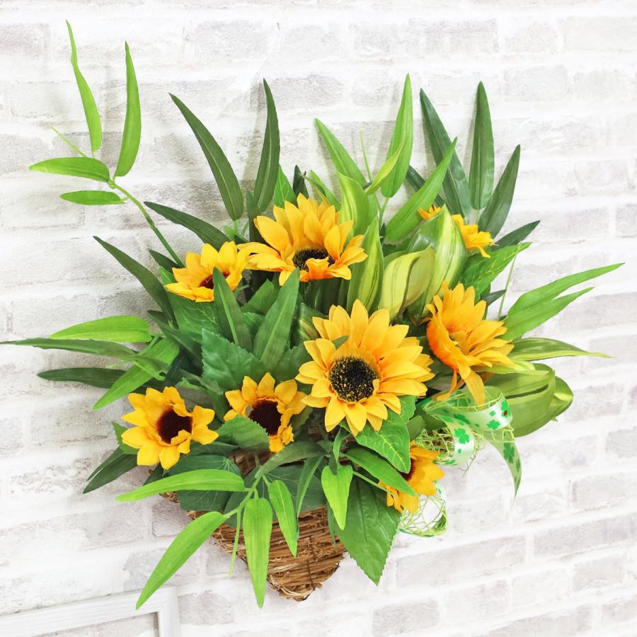 造花 笹とひまわりの壁掛けアレンジ 夏のアレンジ シルクフラワー CT
