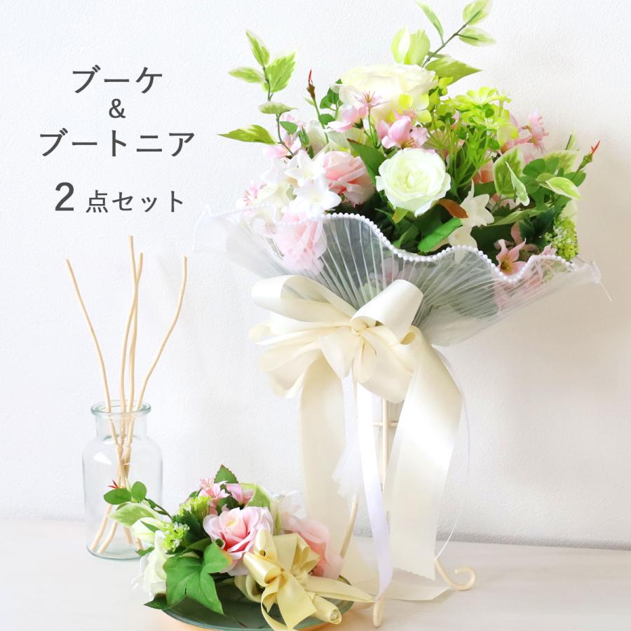 造花 2色のローズとトルコキキョウのブーケアレンジ ブートニアセット