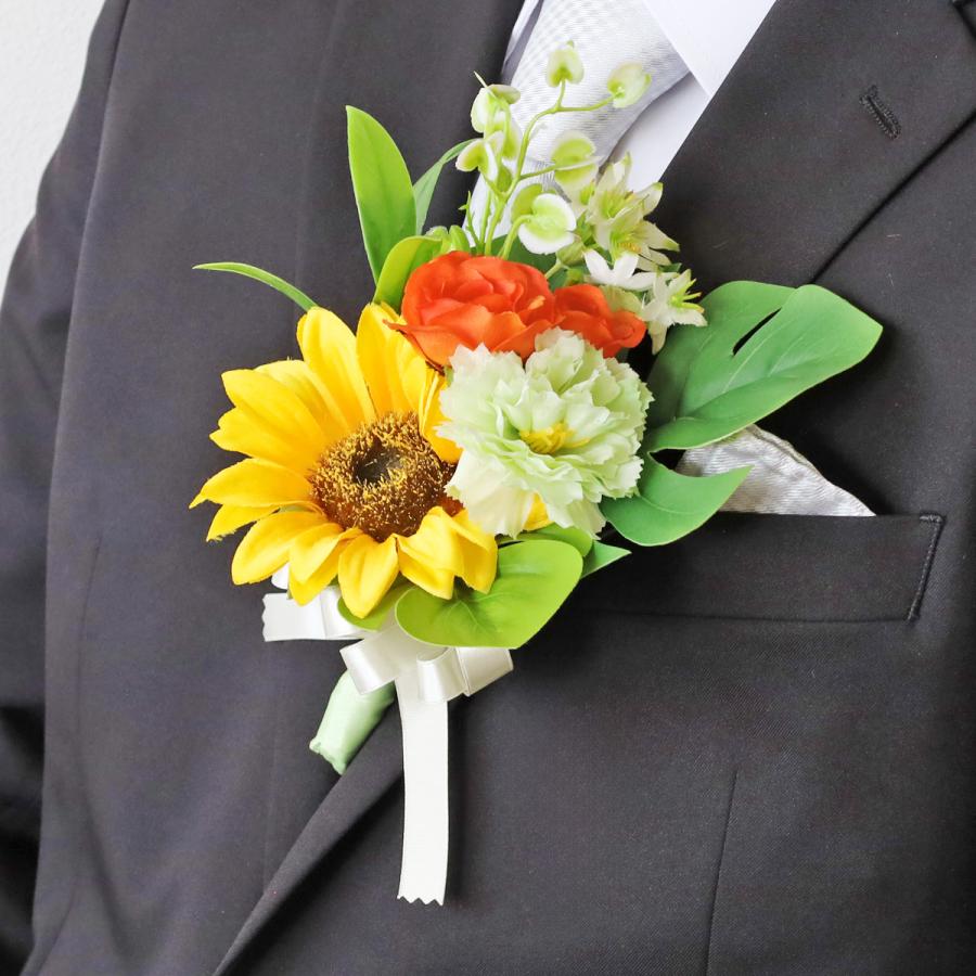 造花 ひまわりとカーネーションのラウンドブーケアレンジ ブートニア